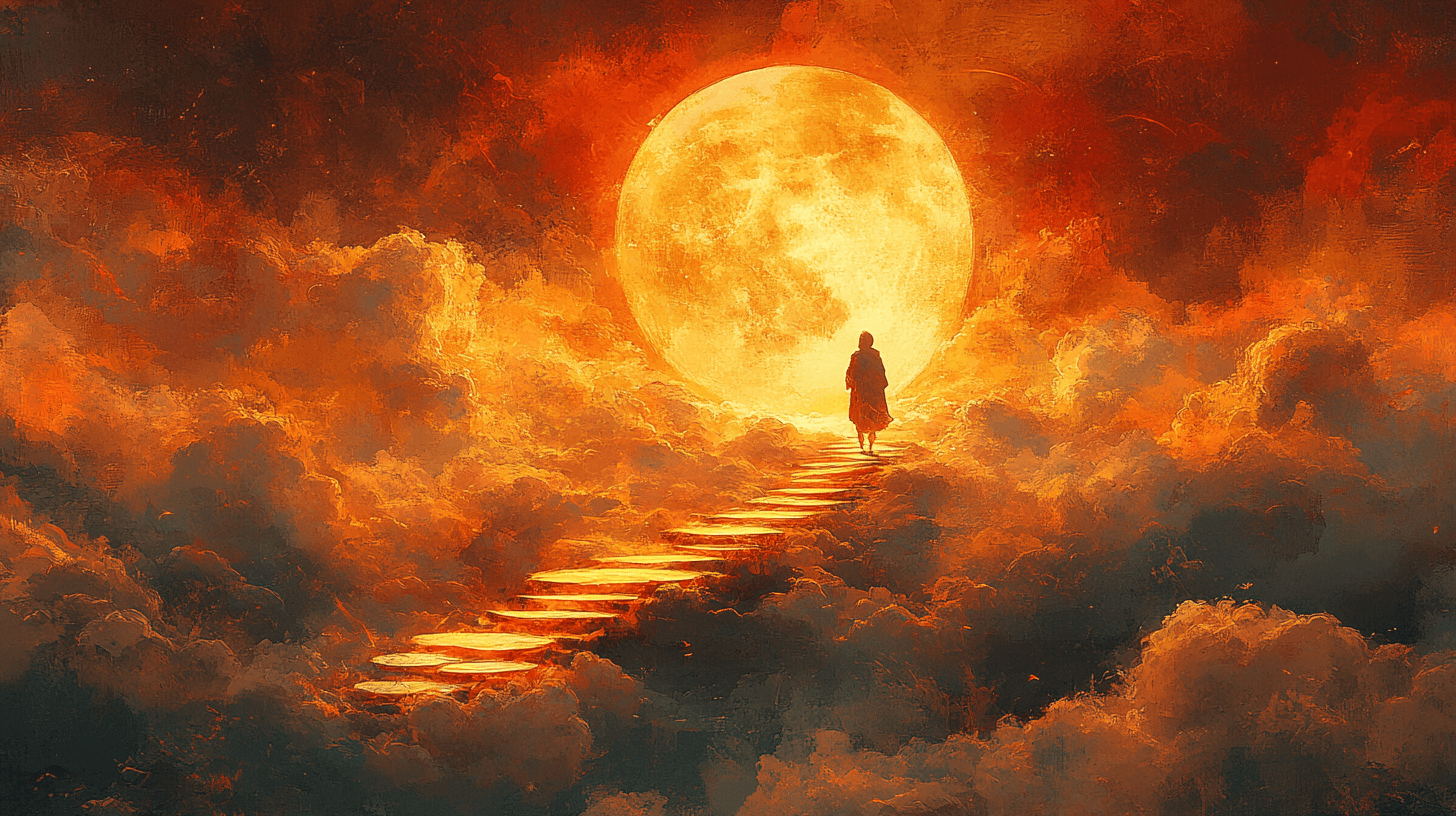 Postać wspinająca się po złotych schodach do księżyca