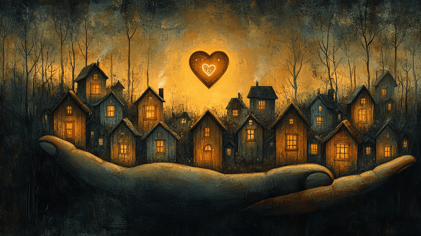 Panoramiczna wioska na dłoni z sercem